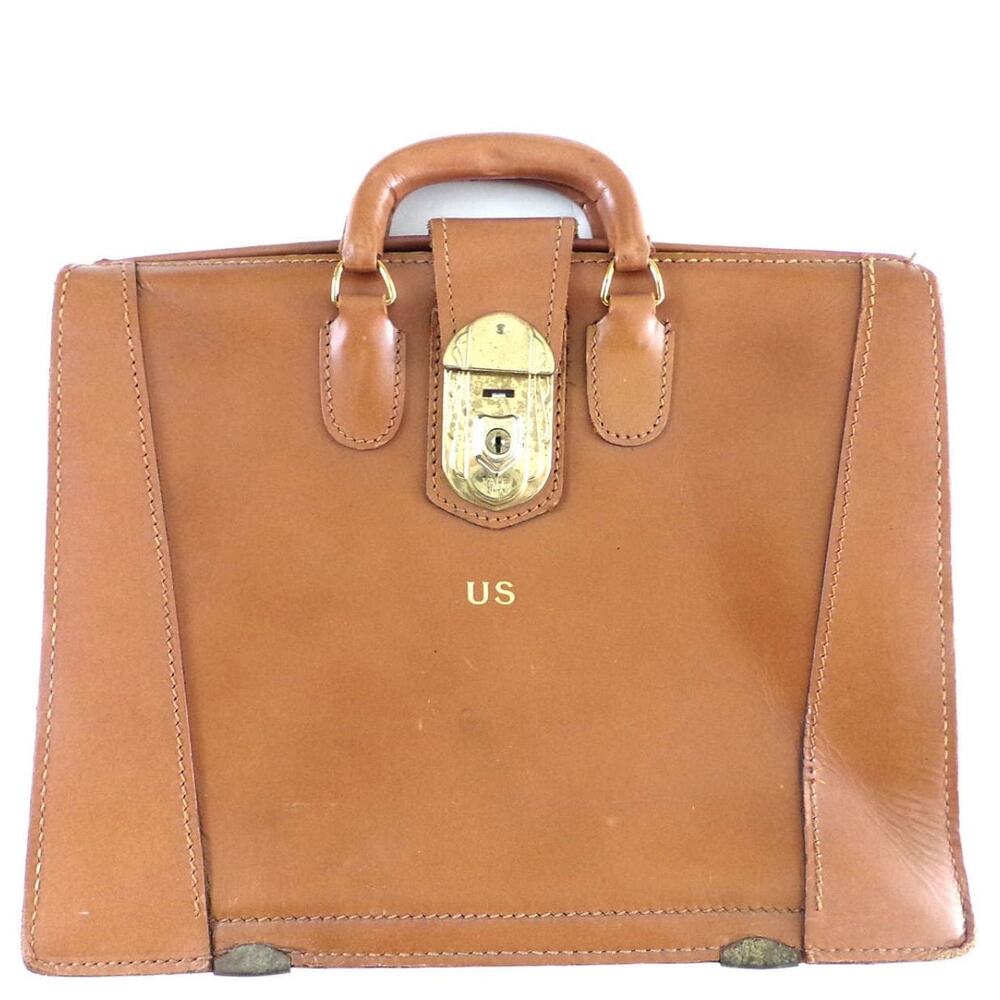 Vintage Leather Satchel Doctor Lawyer Scholar Briefcase US Yale Lock 1950s Tan